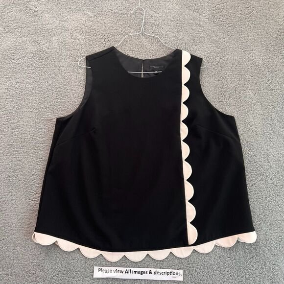 Victoria Beckham Blouse 2X Womens Top Black white Twill Tank Scallop Preppy - Picture 1 of 8